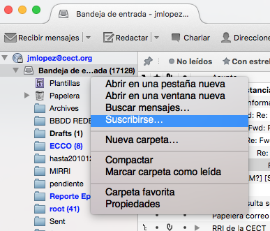 Fig. 3. Suscribirse a carpetas en thunderbird